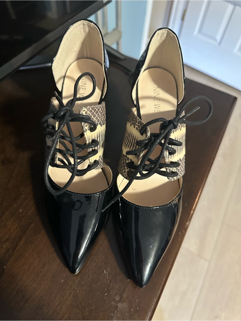 Nine West Black Patent Pointed-Toe Lace-Up Pumps with Snake-Print Panel Accent